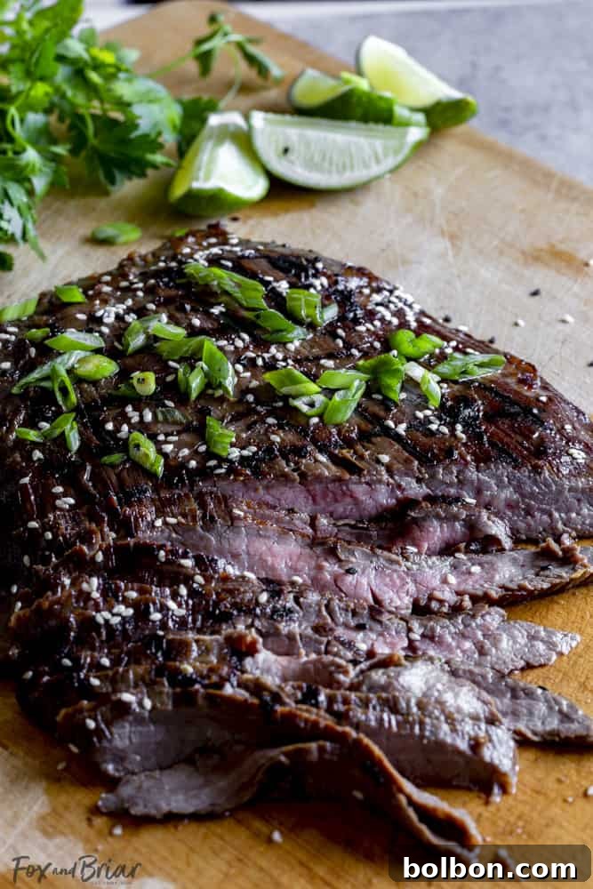 Beautifully sliced Asian flank steak, ready to be served with side dishes.