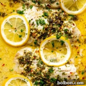 A close-up of a cooked lemon butter baked tilapia fillet, garnished with fresh parsley and a lemon slice.