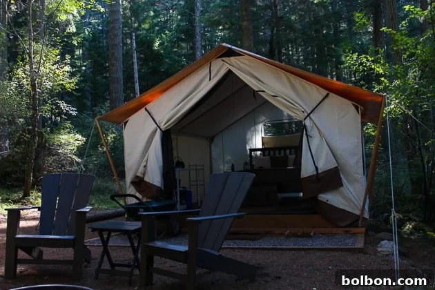 Glamping tent with a scenic backdrop on Orcas Island, highlighting luxury camping