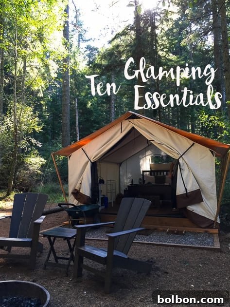 Collection of glamping essentials, including coffee gear, mugs, and outdoor items