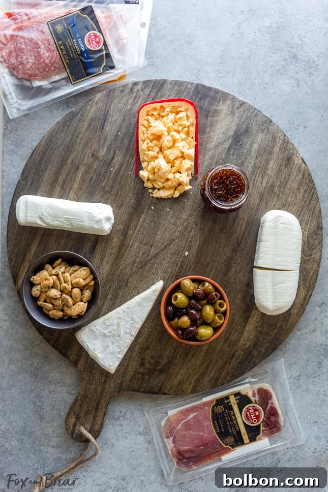 A step-by-step image showing small bowls of olives and nuts placed on a charcuterie board, alongside various cheeses and fresh summer produce.