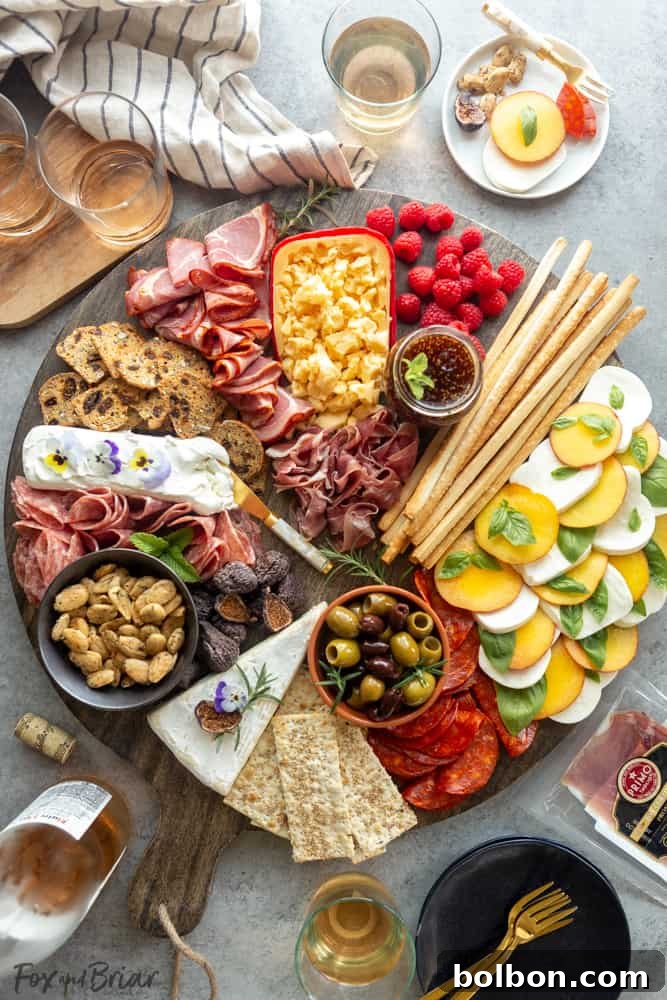 A beautifully arranged summer charcuterie board, showcasing the variety and abundance of fresh ingredients, artfully presented for a gathering.