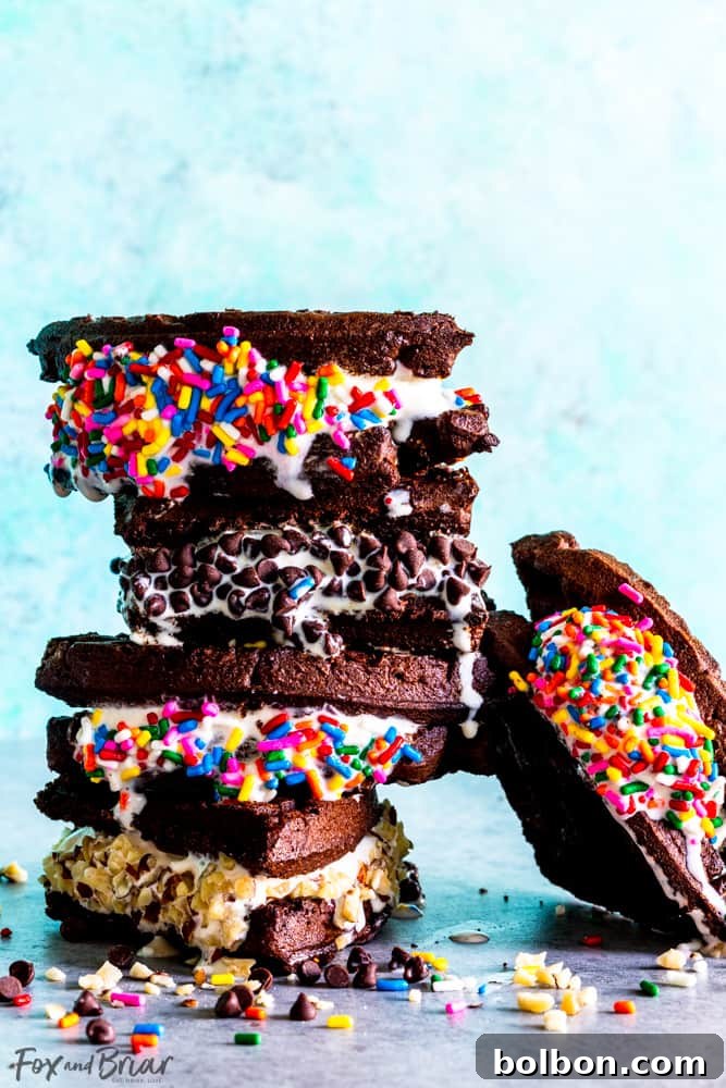 Gourmet Brownie Waffle Ice Cream Stacks 5 Stacked Brownie Waffle Ice Cream Sandwiches with chocolate chips