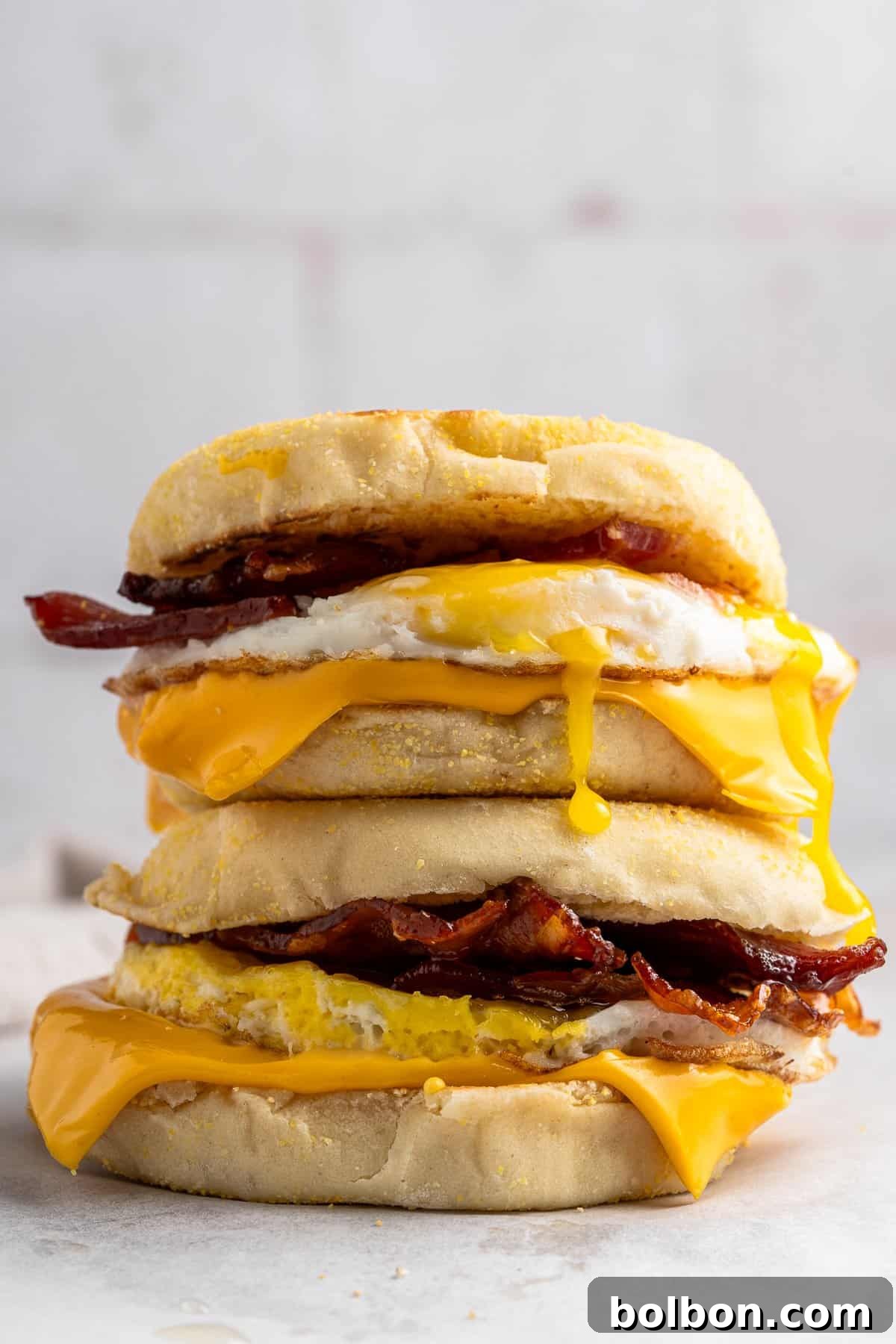 A stack of golden brown, homemade Egg McMuffins with crispy bacon, perfectly melted cheese, and a fried egg, showcasing a deliciously runny yolk. The background is artfully blurred, emphasizing the mouth-watering detail of the sandwiches.