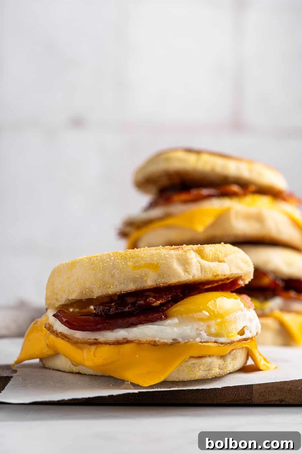 A close-up view of multiple homemade Egg McMuffins stacked, each featuring a toasted English muffin, perfectly melted cheese, a fried egg, and crispy bacon, ready to be enjoyed. The background is blurred for emphasis.