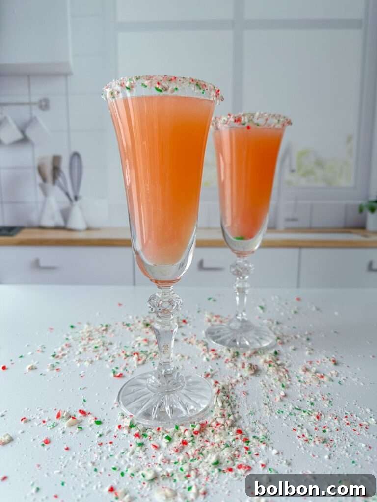 Candy Cane Kissed Prosecco 2 Picture of Candy Cane Prosecco, garnished with a candy cane and citrus slice, on a festive holiday background.