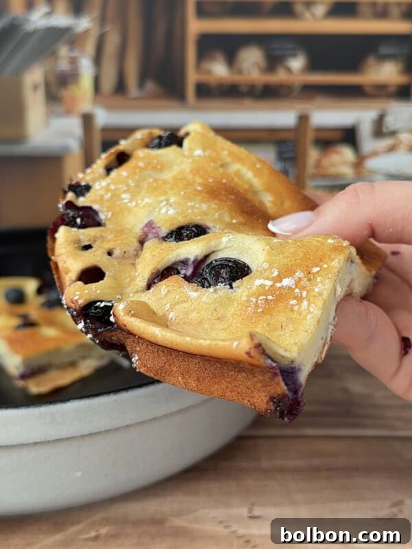 Protein-Packed Dutch Pancake 4 A hand holds a slice of freshly baked blueberry cake, dusted with powdered sugar, while a High Protein Dutch Baby and more bread appear in the blurry background.