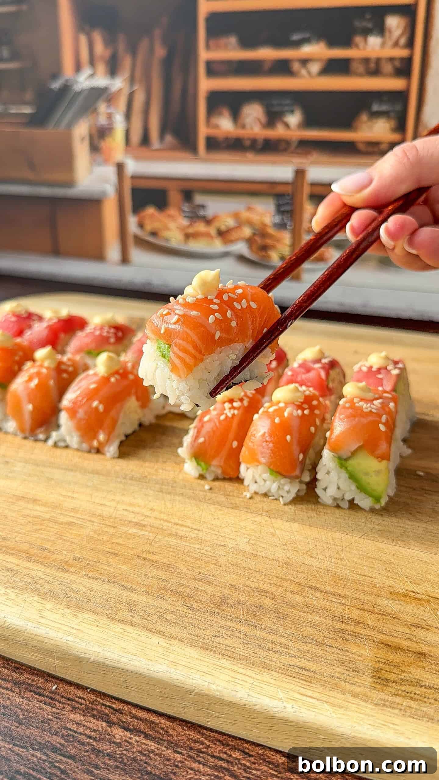 A hand uses chopsticks to pick up a piece of sushi topped with salmon, avocado, sesame seeds, and a small dollop of sauce from a wooden board with several similar sushi pieces.