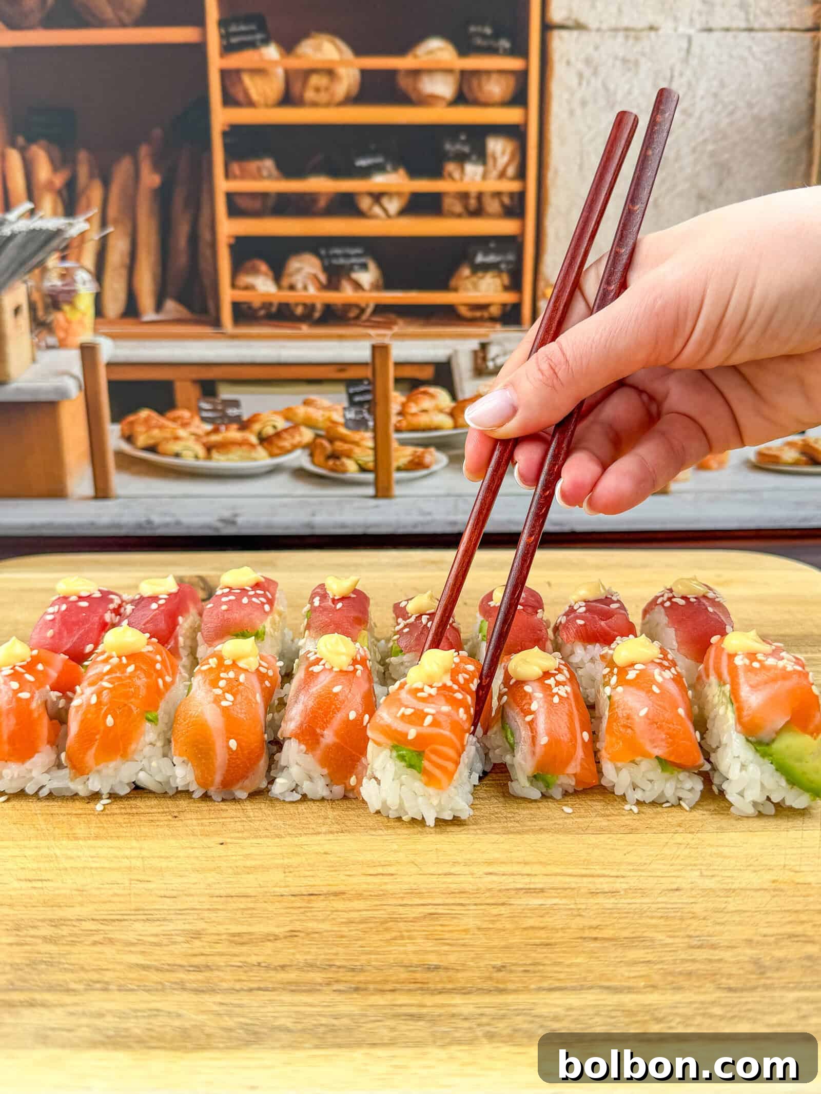 A hand holding chopsticks picks up a piece of sushi from a wooden board topped with assorted nigiri; shelves of bread are visible in the background.