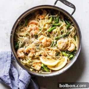 Shrimp and Asparagus Pasta in a bowl.