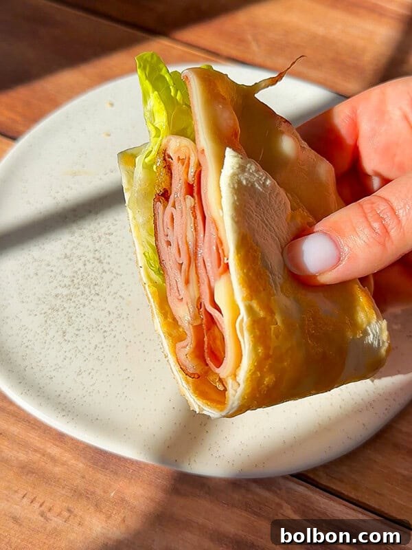 A hand holding a folded wrap filled with healthy mortadella, melted cheese, and crisp lettuce, presented on a white plate on a wooden table, bathed in warm sunlight.