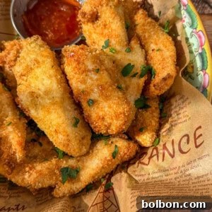 Crispy chicken tenders garnished with fresh parsley, served on a white plate with a side of lemon wedges.