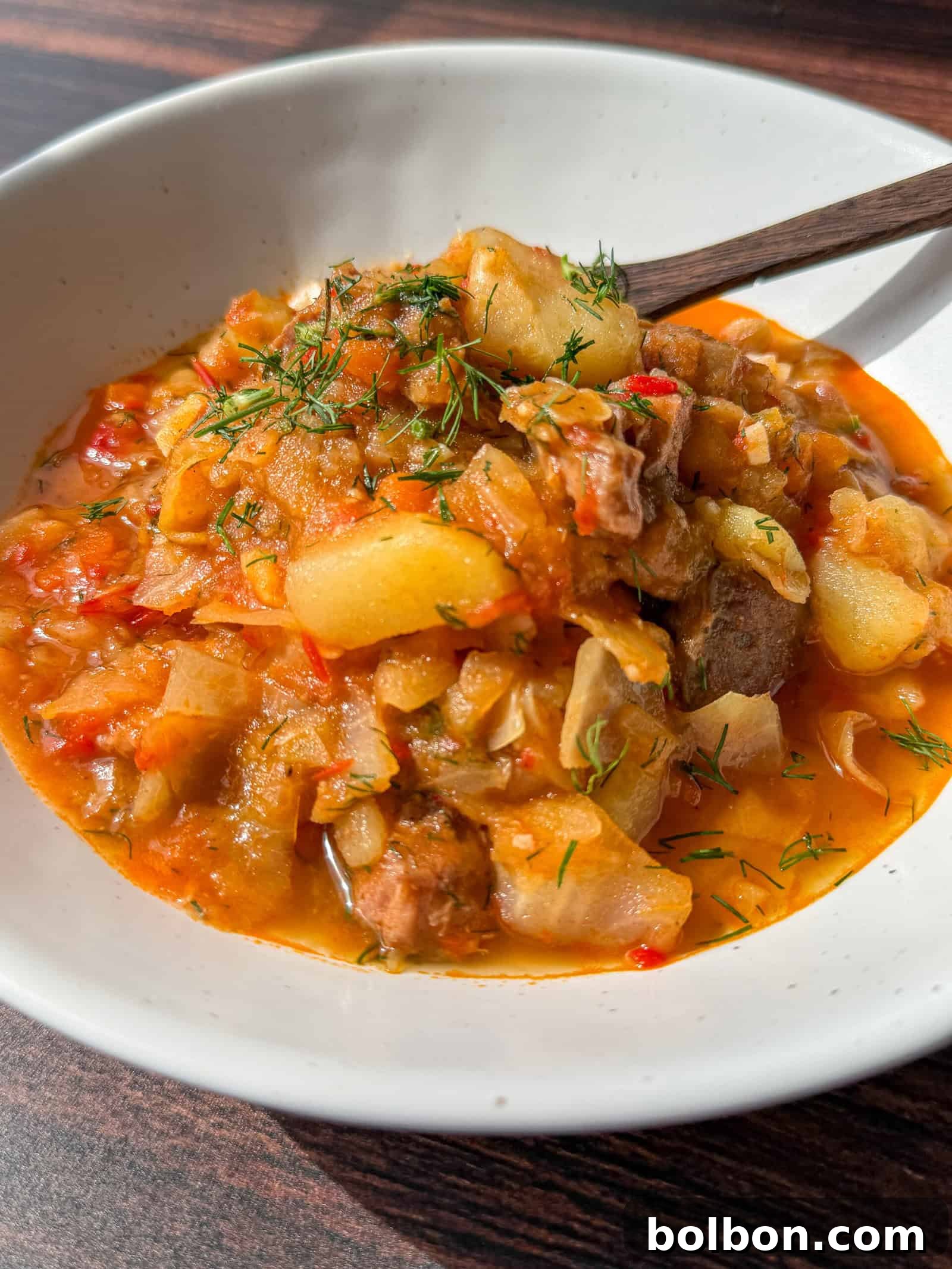 A bowl of hearty Weight Loss Cabbage Stew with chunks of potatoes, meat, onions, carrots, and cabbage in a rich tomato-based broth, garnished with fresh dill, served in a white bowl with a wooden spoon.