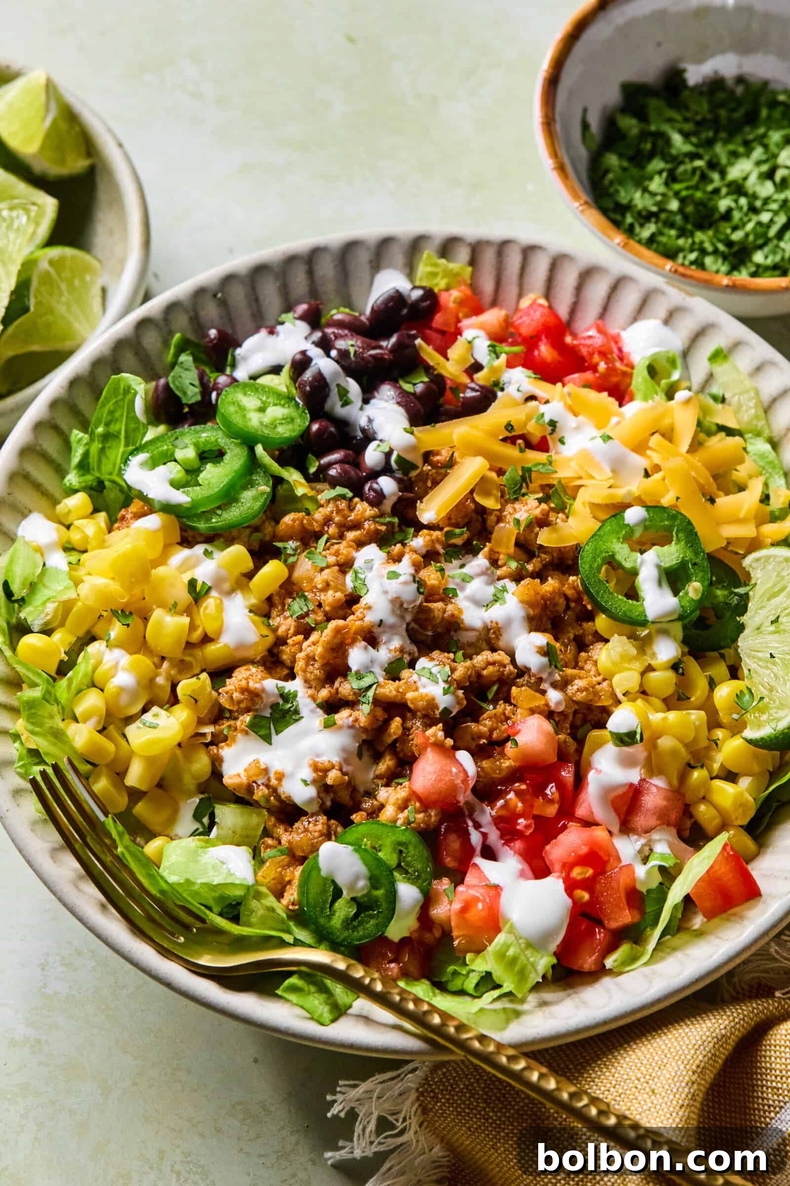 Hizli ve Dusuk Karbonhidratli Tavuklu Taco Kasesi 2 A vibrant and healthy chicken taco salad bowl featuring crisp lettuce, seasoned ground chicken, corn, tomatoes, black beans, and shredded cheese, drizzled with a creamy dressing.