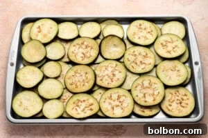 Classic Eggplant Parmesan (Parmigiana di Melanzane) Recipe 5 Slices of raw eggplant arranged in a single layer on a metal baking sheet.