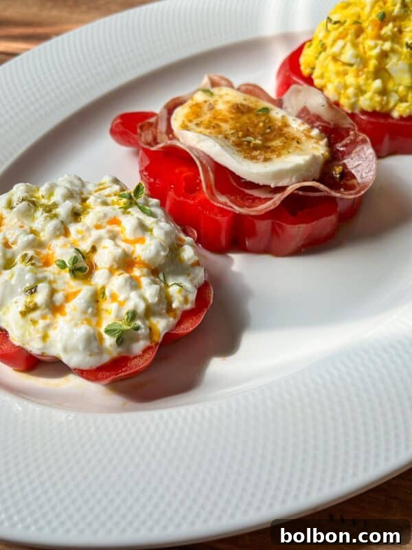 Pan con Tomate: Authentic Spanish Tomato Bread Recipe & How to Make It 6 Three tomato slices on a white plate, each topped with different cheeses and herbs: one with cottage cheese, another with scrambled egg, and a third with soft cheese and prosciutto, garnished with herbs.