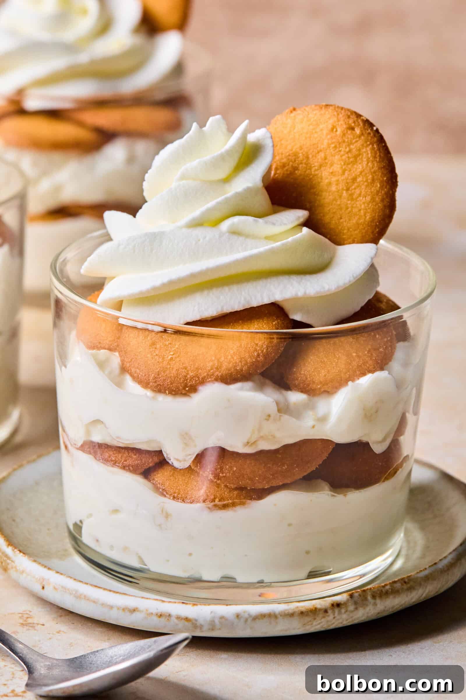 A glass dessert cup filled with layers of vanilla wafers and creamy pudding, topped with whipped cream and a vanilla wafer. The cup is placed on a small plate with a spoon nearby.