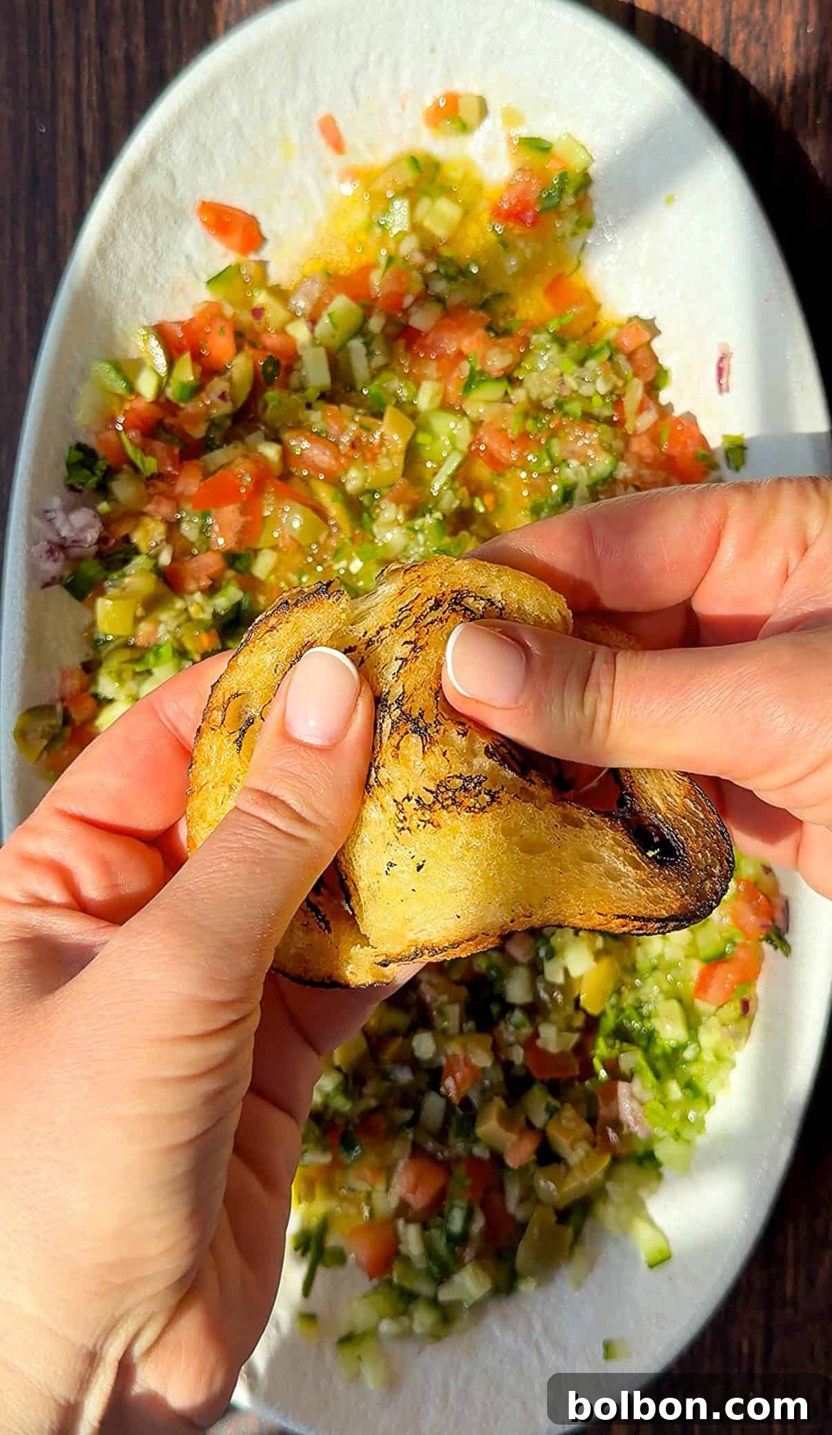 Fresh & Easy Mediterranean Bread Dipping Oil Recipe 3 Two hands hold and pinch a charred tortilla chip above a plate of colorful, finely chopped salsa—perfect for pairing with an olive oil bread dip or your favorite bread dipping oil recipe on a white dish.
