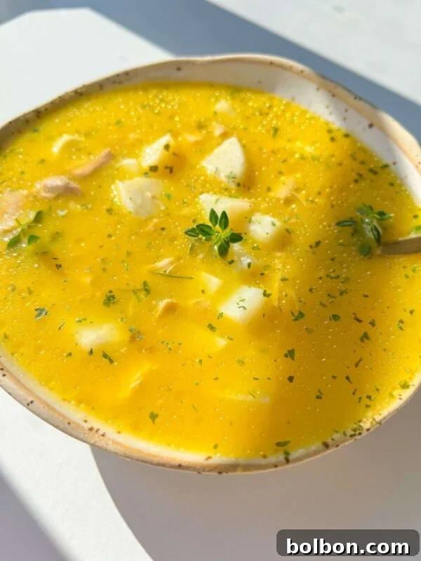 Viral No-Water Chicken Soup Recipe That Uses Just Broth 4 A bowl of Hidden Veggie Chicken Soup with chunks of potato, garnished with herbs.