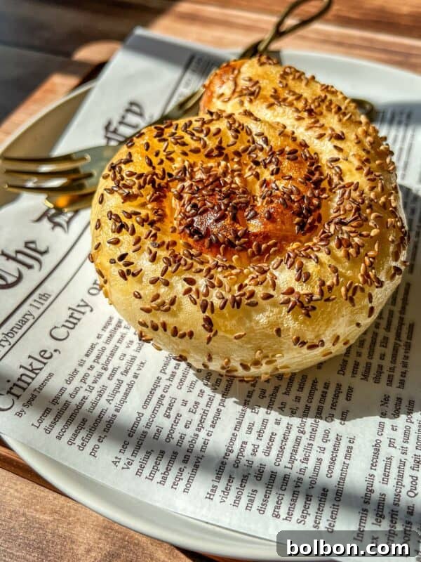 Viral Strawberry & Mango Rice Paper Mochi Recipe 5 A golden, spiral-shaped pastry topped with sesame seeds sits on a plate lined with newspaper-style paper, with a fork beside it. Sunlight highlights the flaky texture of the pastry.