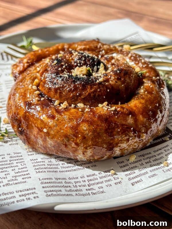Viral Strawberry & Mango Rice Paper Mochi Recipe 7 A close-up of a glazed cinnamon roll topped with crushed nuts, served on a white plate lined with newspaper print, with a fork and sprigs of thyme in the background.