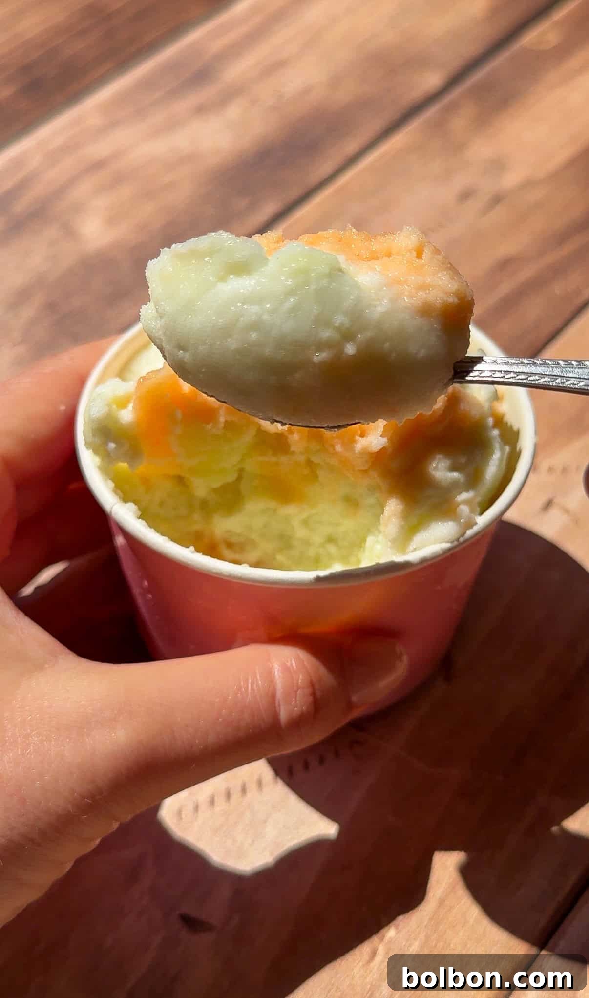 A hand holds a cup of pastel orange and green Viral Melon Ice Cream (2 Ingredients), while another hand lifts a spoonful of the dessert in warm sunlight on a wooden table.
