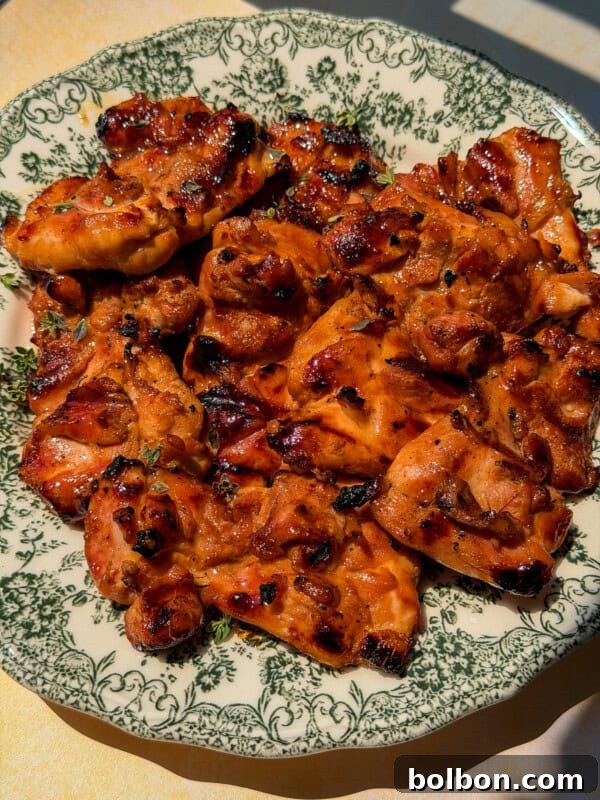 A plate of grilled chicken pieces, charred and glazed, served on a decorative green and white floral-patterned dish under bright lighting—perfect to enjoy before indulging in a refreshing Viral Melon Ice Cream (2 Ingredients) for dessert.
