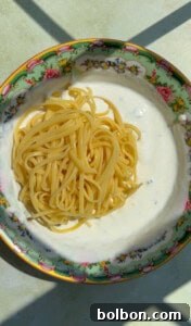 TikTok Viral Yogurt Noodles Recipe 10 A bowl with creamy white sauce resembling Yogurt Noodles and a serving of plain cooked spaghetti.