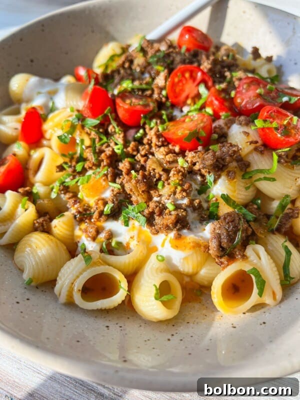 TikTok Viral Yogurt Noodles Recipe 4 A bowl of pasta shells topped with ground meat, sliced cherry tomatoes, yogurt, and fresh herbs.