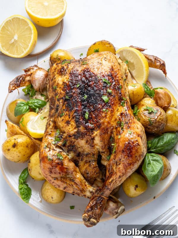 Whole roasted chicken with roasted potatoes and herbs