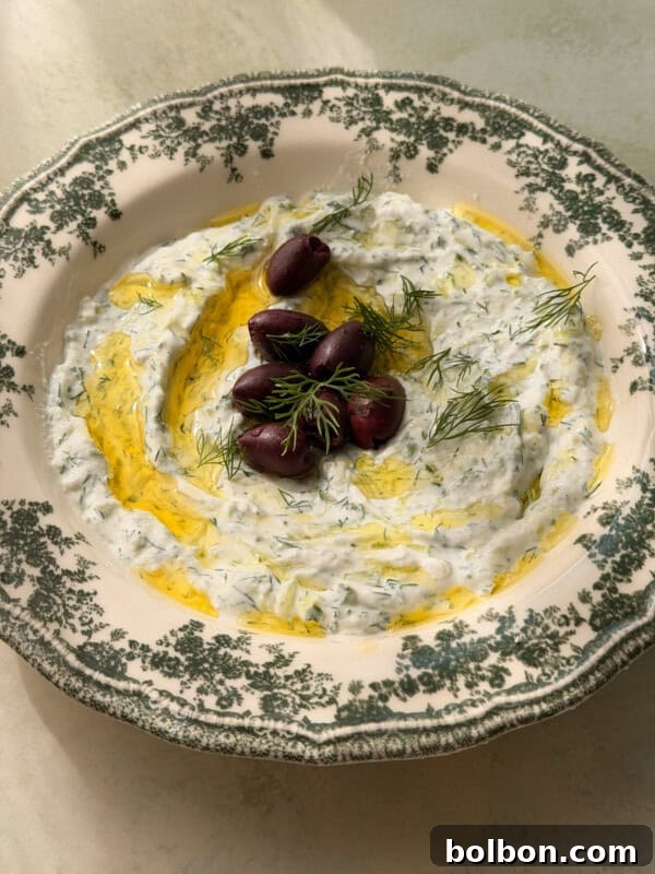 Tzatziki dip with Kalamata olives and dill on decorative plate