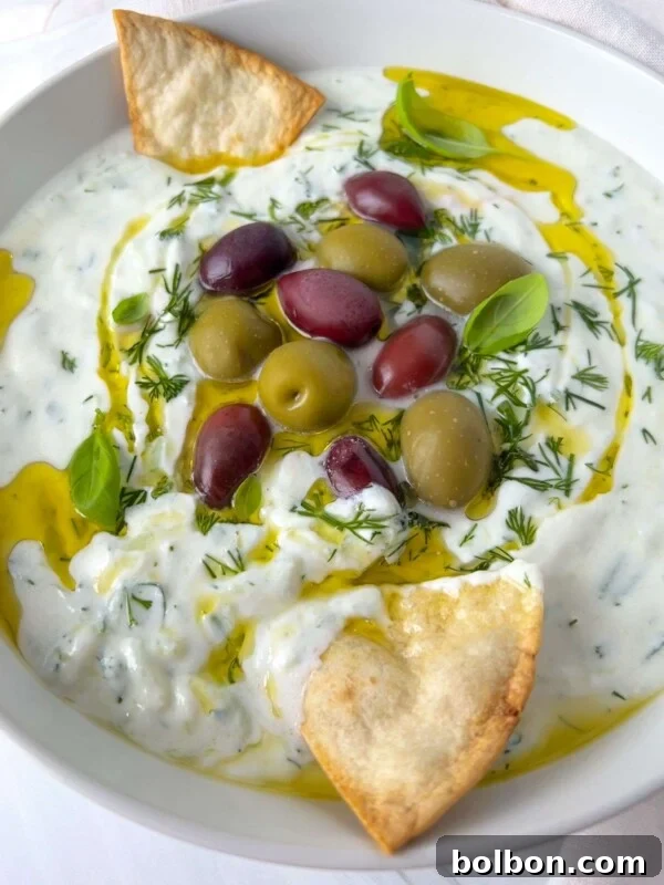 A bowl of creamy Easy Tzatziki sauce topped with mixed olives and dill