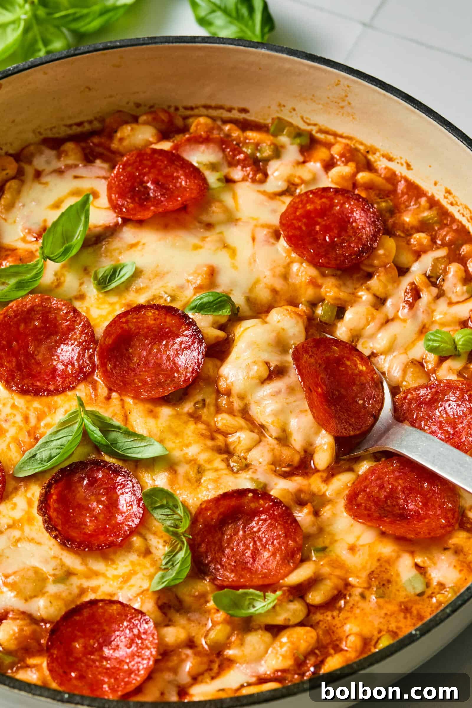 Pizza-Flavored Baked Beans 2 Pepperoni pizza skillet with melted cheese and fresh basil