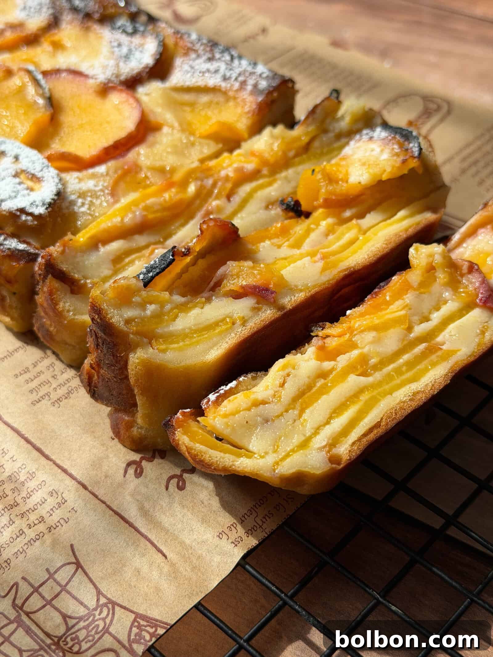 Invisible Peach Cake Recipe: Thin-Sliced Peach Dessert 2 Sliced peach custard cake on a wire cooling rack