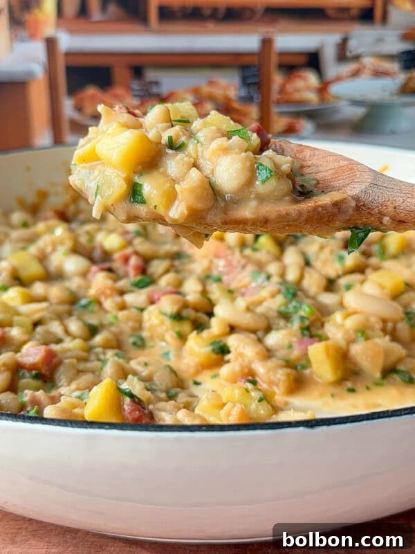 Creamy Butter Chicken Beans: Indian-Spiced Bean Curry 6 A wooden spoon holds a scoop of creamy bean and potato stew