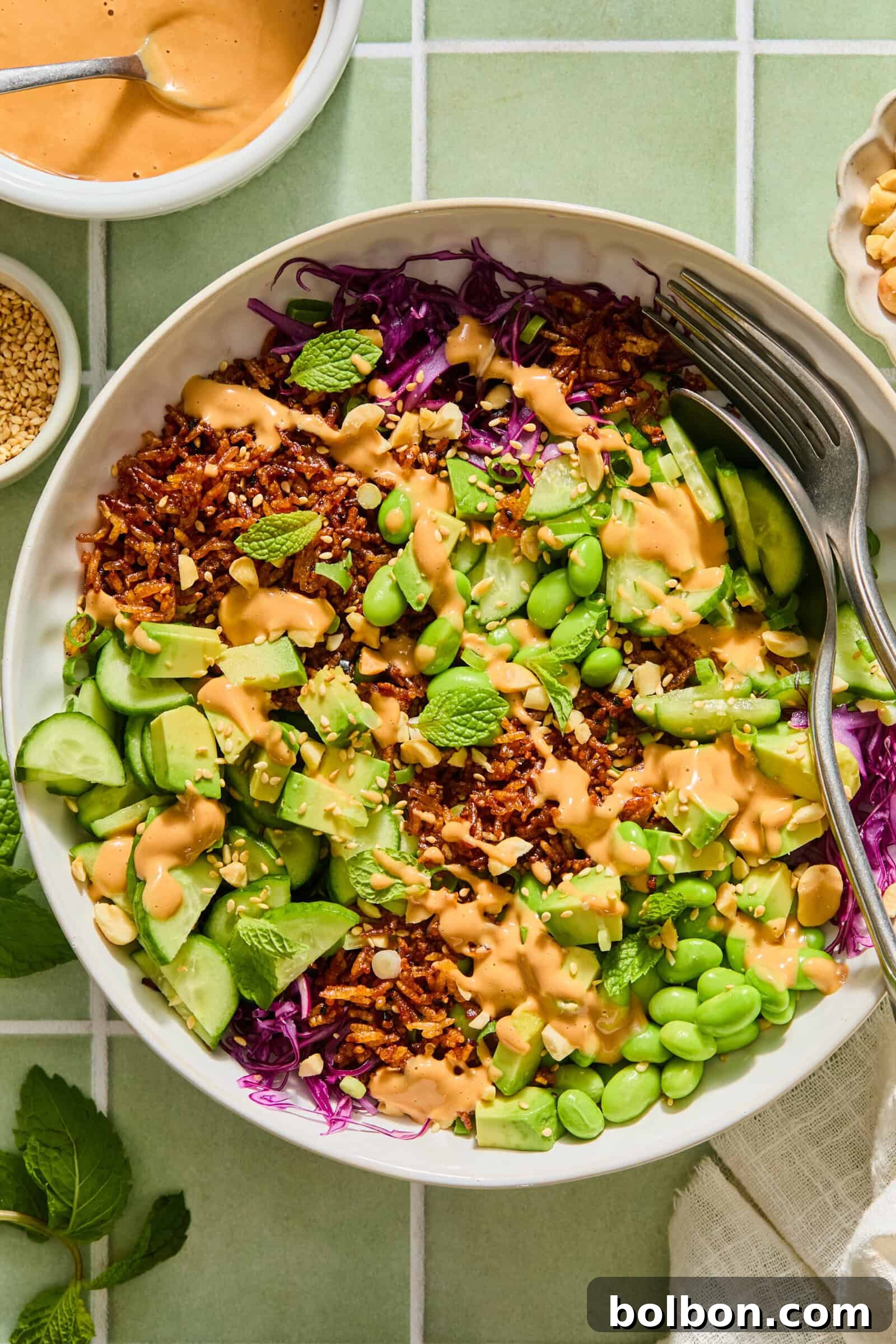 Crispy Rice Salad That Went Viral: Tangy Sesame Crunch 2 Vibrant rice bowl with peanut sauce, edamame, and avocado