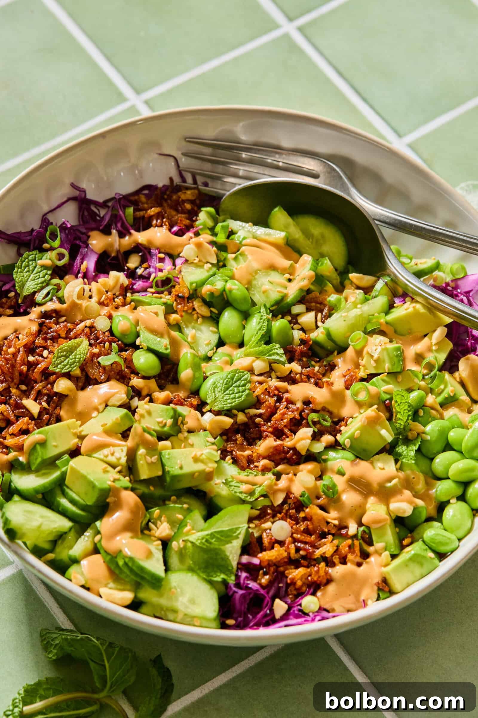 Crispy Rice Salad That Went Viral: Tangy Sesame Crunch 4 Colorful Asian rice bowl with avocado, edamame, and peanut sauce